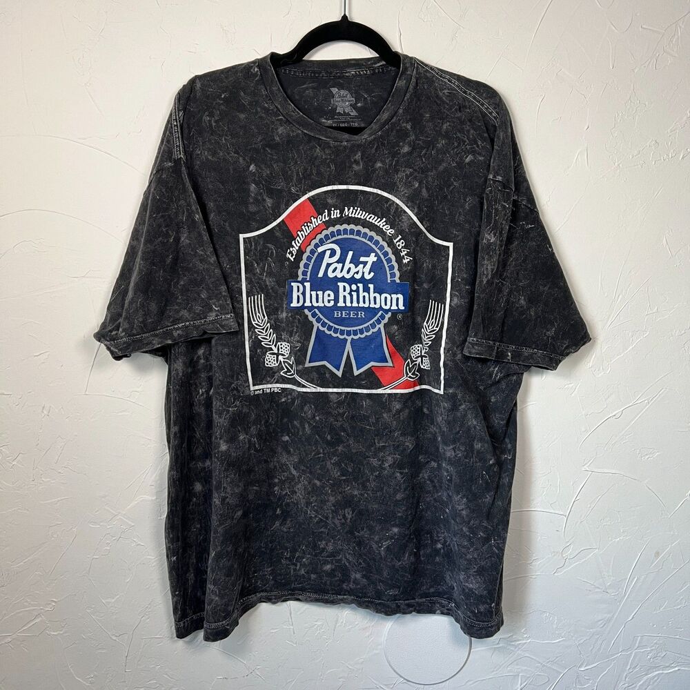Pabst Blue Ribbon Grunge Acid‎ Wash Black Tee Mens 2X Streetwear Punk Oversized